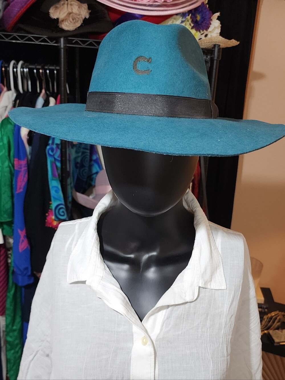 Teal Felt Wide-Brim Hat with Black Band